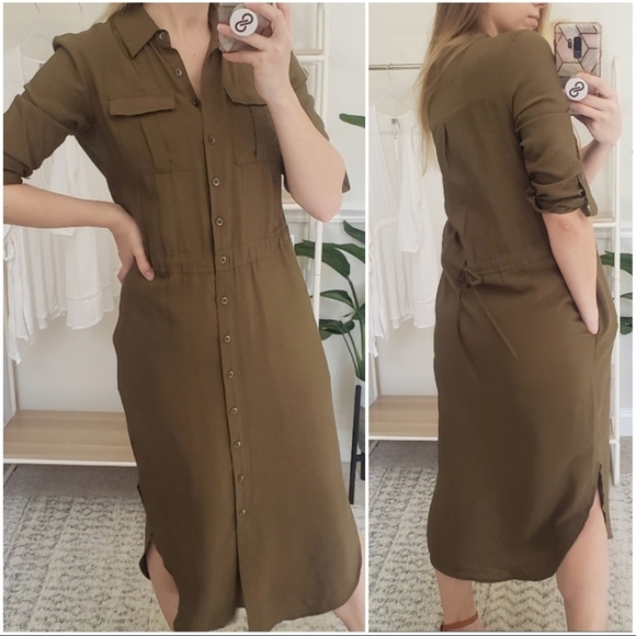 Maeve Anthropologie Button Up Shirt Midi Dress Olive Green XS/S - Picture 11 of 11